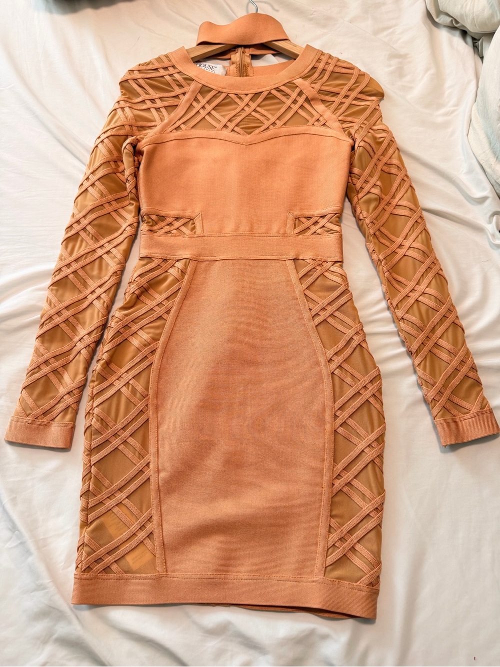 House of CB Terracotta Long-Sleeve Lattice Bodycon Dress